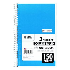 Mead Small Spiral Notebook, 3-Subject, College Ruled Paper, 9-1/2" x 5-1/2", 150 Sheets per Notebook, Assorted Colors, Color Will Vary, 1 Count (06900)