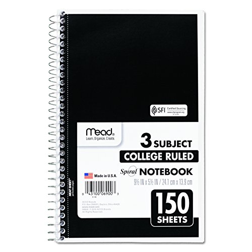 Mead Small Spiral Notebook, 3-Subject, College Ruled Paper, 9-1/2" x 5-1/2", 150 Sheets per Notebook, Assorted Colors, Color Will Vary, 1 Count (06900)