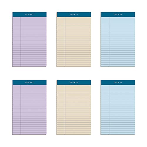 TOPS Docket Writing Tablet, 5 x 8 Inches, Perforated, Assorted Colors: Orchid, Ivory, Blue, Narrow Rule, 50 Sheets per Pad, 6 Pads per Pack (99601)