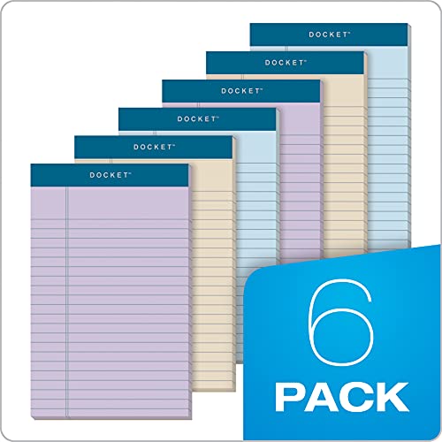 TOPS Docket Writing Tablet, 5 x 8 Inches, Perforated, Assorted Colors: Orchid, Ivory, Blue, Narrow Rule, 50 Sheets per Pad, 6 Pads per Pack (99601)