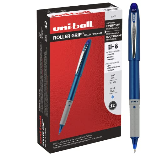 uni-ball Roller Grip Pens, Fine Point (0.7mm), Blue, 12 Count