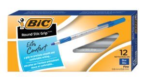 bic gsfg11-blu round stic grip xtra comfort ball pen, fine point (0.8mm), blue, 12-count