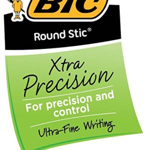 BIC Round Stic Xtra Precision Ballpoint Pen, Fine Point (0.8mm), Blue, 12-Count