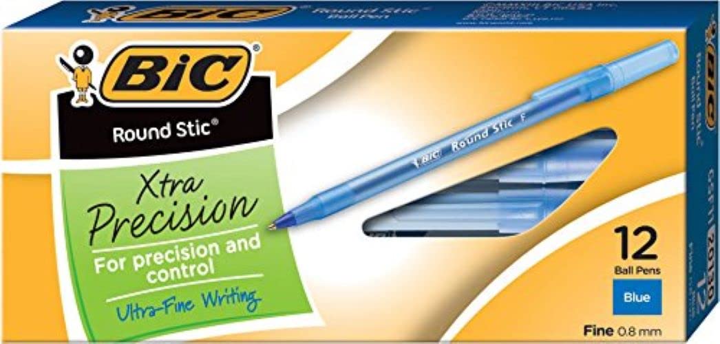 BIC Round Stic Xtra Precision Ballpoint Pen, Fine Point (0.8mm), Blue, 12-Count