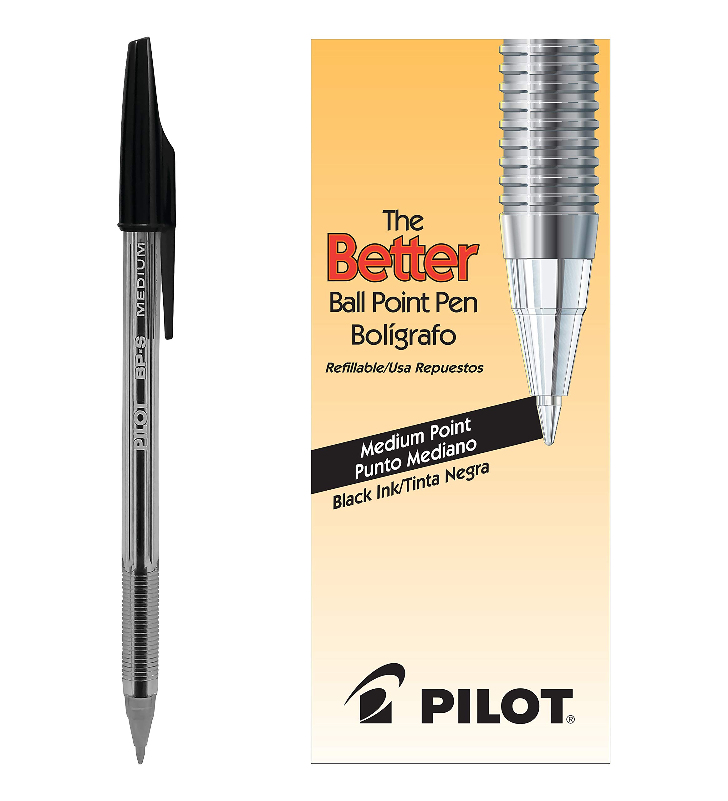 PILOT The Better Ball Point Pen Refillable Ballpoint Stick Pens, Medium Point, Black Ink, 12-Pack (35711)