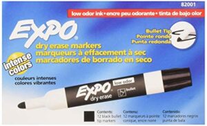expo low odor bullet black dry erase markers for use on whiteboards, glass and non-porous surfaces; ideal for classrooms, offices and homes, pack of 12 (82001)