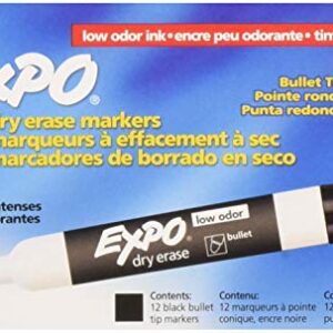 EXPO Low Odor Bullet Black Dry Erase Markers For Use On Whiteboards, Glass and Non-porous Surfaces; Ideal for Classrooms, Offices and Homes, Pack of 12 (82001)