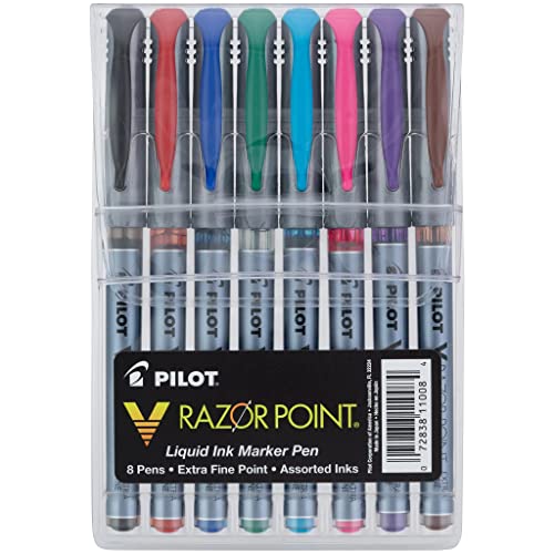 PILOT V Razor Point Liquid Ink Markers, Assorted Color Inks, 8-Pack Pouch (11008)