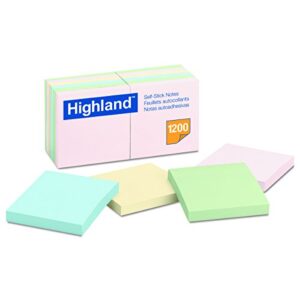 highland sticky notes, 3 x 3 inches, assorted pastel colors, 12 pack (6549a)