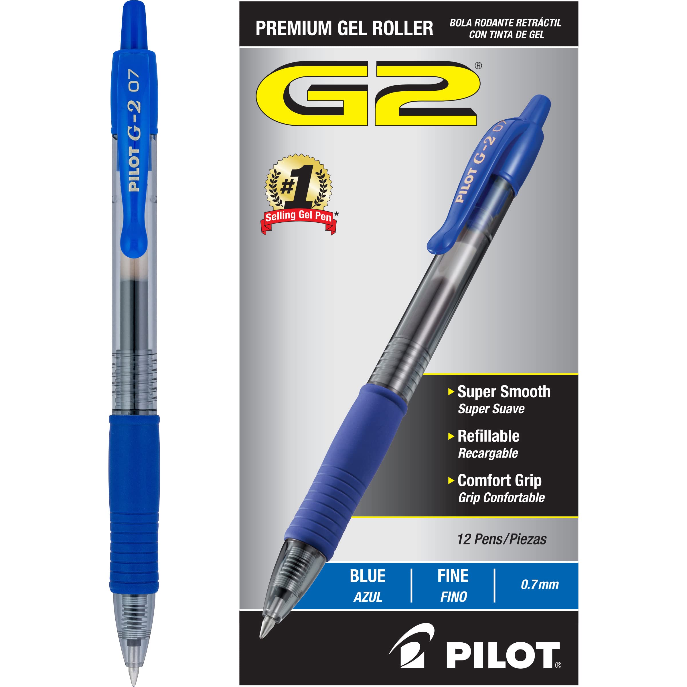 PILOT G2 Premium Refillable & Retractable Rolling Ball Gel Pens, Fine Point, Blue Ink, 12 Count (31021)