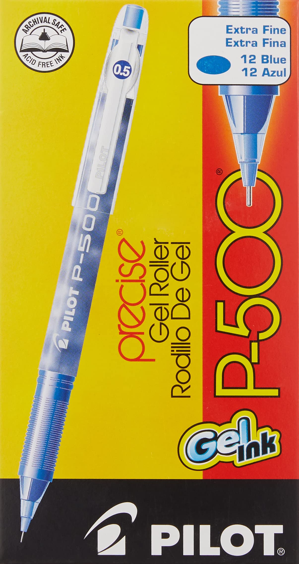 PILOT Precise P-500 Gel Ink Rolling Ball Stick Pens, Marbled Barrel, Extra Fine Point, Blue Ink, 12-Pack (38601)