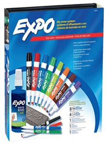 expo dry erase marker kit with 12 fine & chisel tip markers, eraser & spray cleaner, 14-piece set