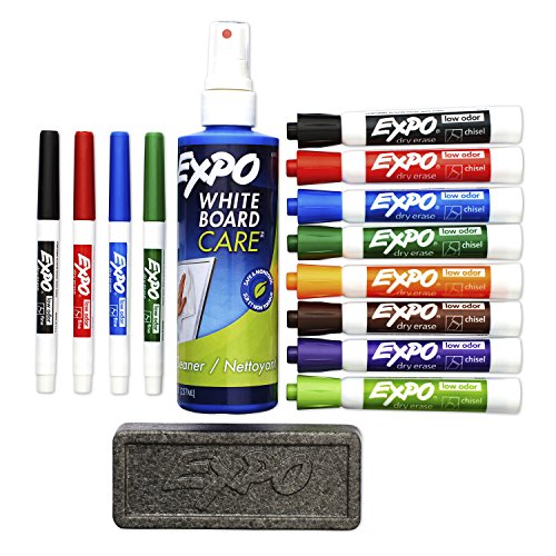 EXPO Dry Erase Marker Kit with 12 Fine & Chisel Tip Markers, Eraser & Spray Cleaner, 14-Piece Set