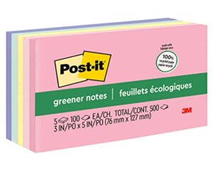 post-it greener notes, 3x5 in, 5 pads, america's #1 favorite sticky notes, helsinki collection, pastel colors (pink, blue, mint, yellow), clean removal, 100% recycled material (655-rp-a)