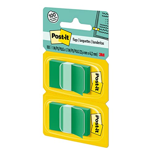 Post-it Flags, 50/Dispenser, 2 Dispensers/Pack, 1 in Wide, Green (680-GN2)