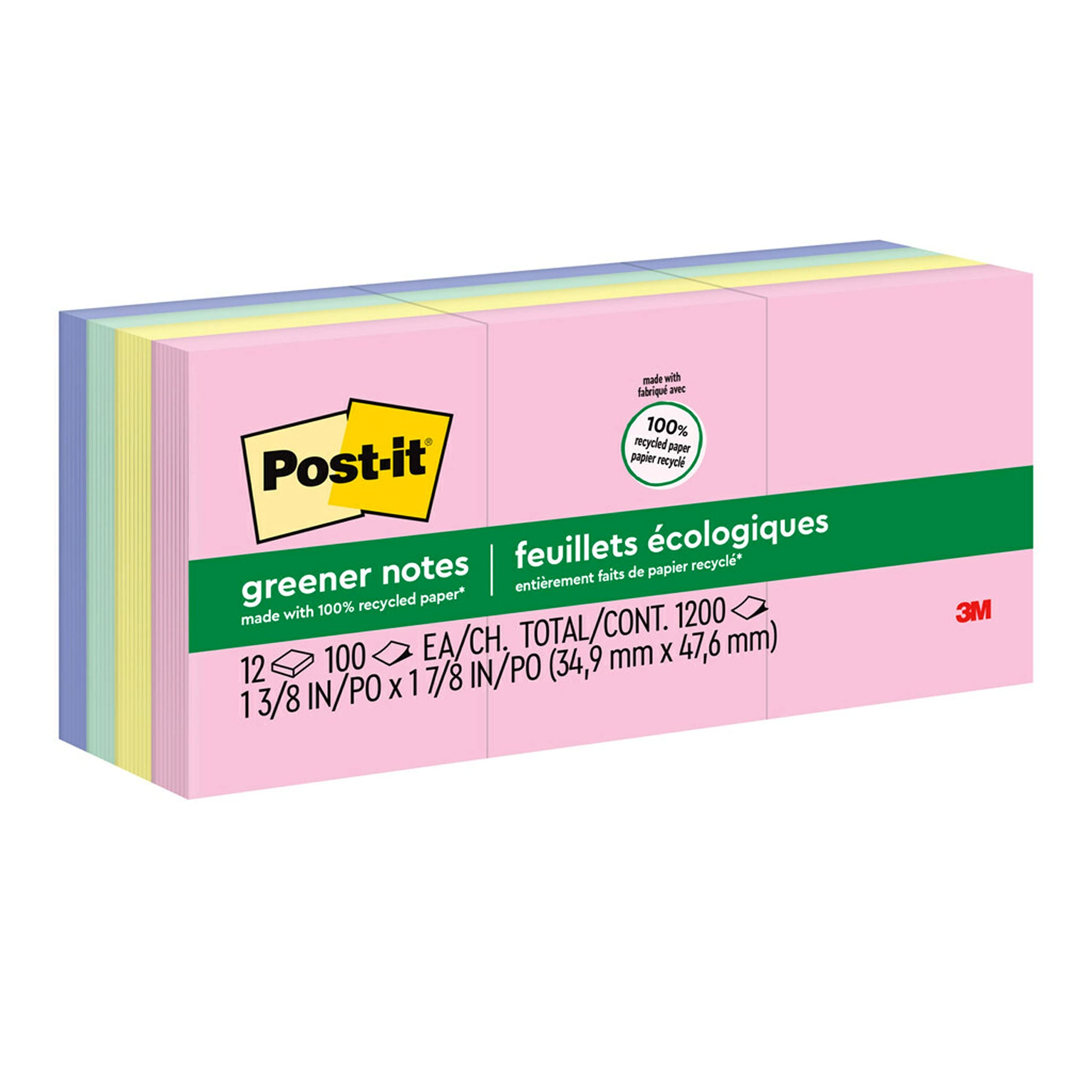 Post-it Greener Pop-up Notes, 1.5x2 in, 12 Pads, America's #1 Favorite Sticky Notes, Sweet Sprinkles, Pastel Colors (Pink, Blue, Mint, Yellow), Clean Removal, 100% Recycled Material (R330RP-12AP)