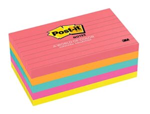 post-it notes, 3 in x 5 in, 5 pads, america's #1 favorite sticky notes, cape town collection, bright colors (magenta, pink, blue, green), clean removal, recyclable (635-5an)