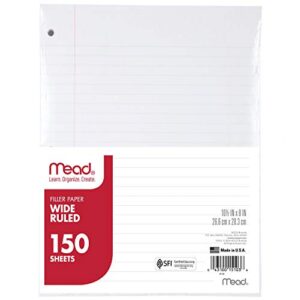 mead filler paper, loose leaf paper, wide ruled paper, 150 sheets, 10-1/2" x 8", white (15103)