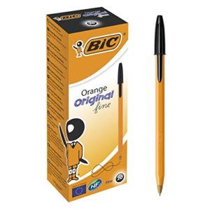 bic orange fine, ballpoint pens, writing pens with long-lasting ink, fine point (0.8 mm), black ink, box of 20