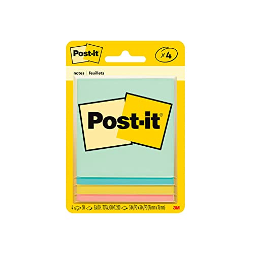 Post-it Notes, 3 in x 3 in, 4 Pads, America's #1 Favorite Sticky Notes, Marseille Collection, Pastel Colors (Pink, Mint, Yellow), Recyclable (5401)