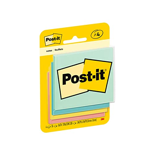 Post-it Notes, 3 in x 3 in, 4 Pads, America's #1 Favorite Sticky Notes, Marseille Collection, Pastel Colors (Pink, Mint, Yellow), Recyclable (5401)