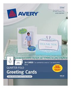 avery printable greeting cards, quarter-fold, 4.25" x 5.5", matte white, 20 blank cards with envelopes (3266)