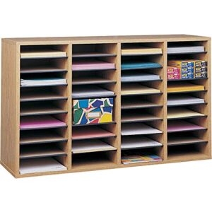 safco products wood adjustable literature organizer – 36 compartment, medium oak – for home, office, classroom & craftrooms – durable construction and removable shelves – stackable – light brown