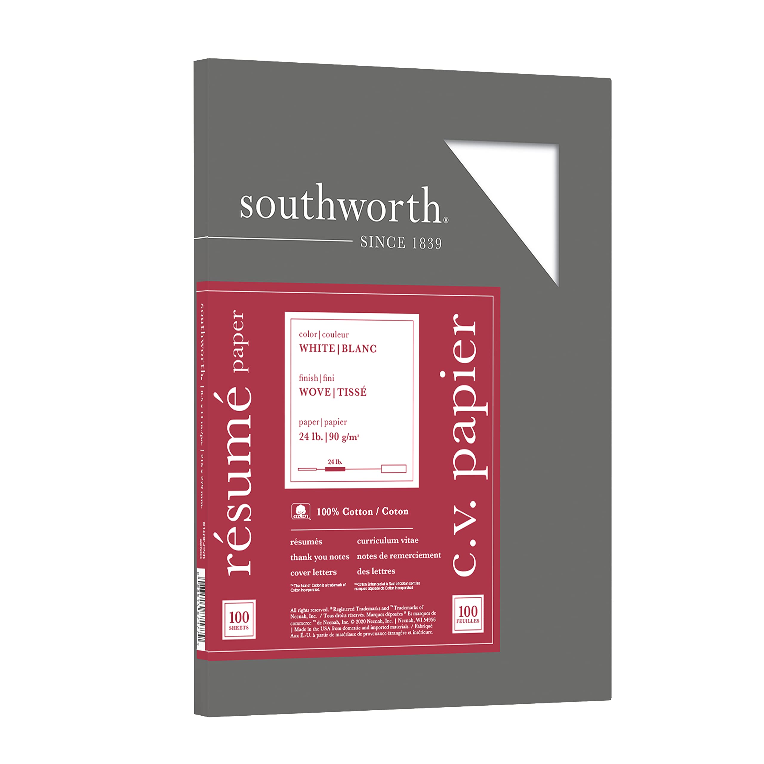 Southworth 100% Cotton Resume Paper, 8.5” x 11", 24 lb/90 gsm, Wove Finish, White, 100 Sheets - Packaging May Vary (R14CF) (SOUR14CF)