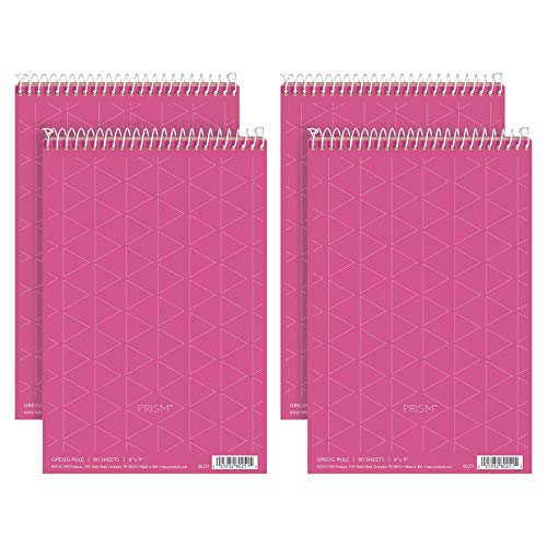 TOPS Prism Steno Books, 6" x 9", Gregg Rule, Pink Paper, Perforated, 80 Sheets, 4 Pack (80254)