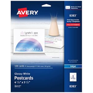 avery 8383 photo-quality glossy postcards for inkjet printers, 4 1/4 x 5 1/2, white (pack of 100)