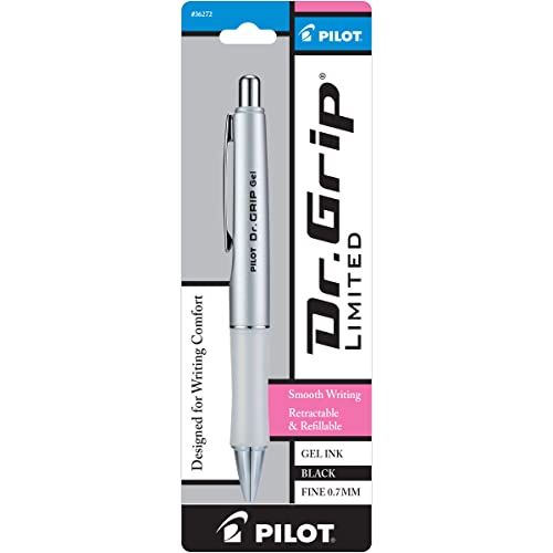 PILOT Dr. Grip Limited Refillable & Retractable Gel Ink Rolling Ball Pen, Fine Point, Metallic Platinum Barrel, Black Ink, Single Pen (36272)