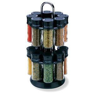 olde thompson chrome- plated rotating spice rack, 16 refillable spice jars with shaker tops and labeled lids for frequently used spices