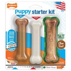 nylabone puppy chew toy & treat starter pack - puppy chew toys for teething - long lasting puppy chew treat - puppy supplies - chicken & bacon flavor, small (3 count)