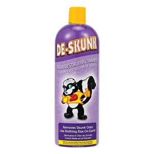 de-skunk odor destroying shampoo for dogs, 32 oz. – formulated with powerful de-greasers, skunk odor remover for pets, carpet, furniture and more – removes skunk smell fast, clear, (fg00065)