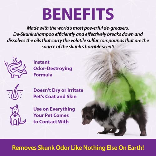 De-Skunk Odor Destroying Shampoo for Dogs, 32 oz. – Formulated with Powerful De-Greasers, Skunk Odor Remover for Pets, Carpet, Furniture and More – Removes Skunk Smell Fast, Clear, (FG00065)