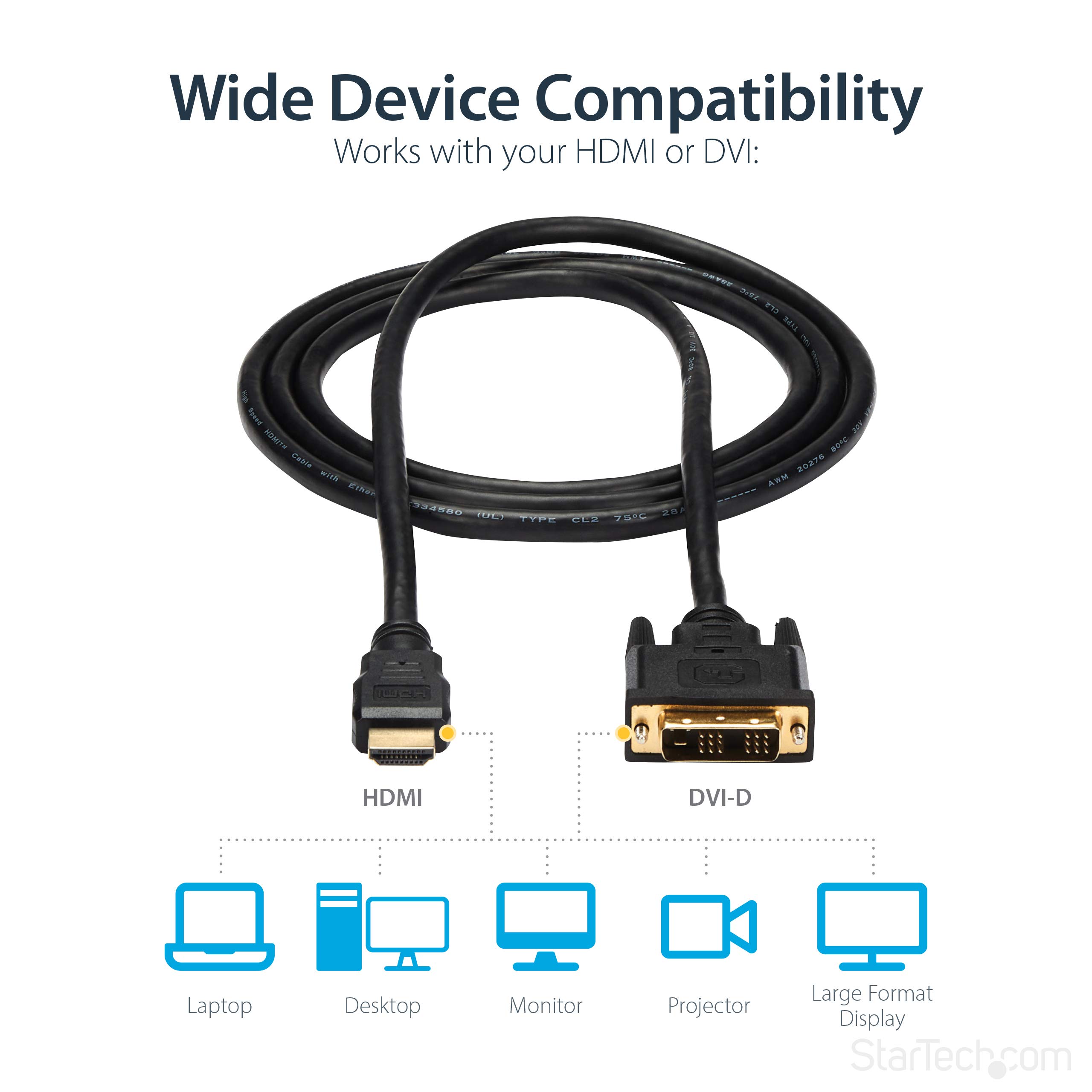 StarTech.com 6ft HDMI to DVI D Adapter Cable - Bi-Directional - HDMI to DVI or DVI to HDMI Adapter for Your Computer Monitor (HDMIDVIMM6)
