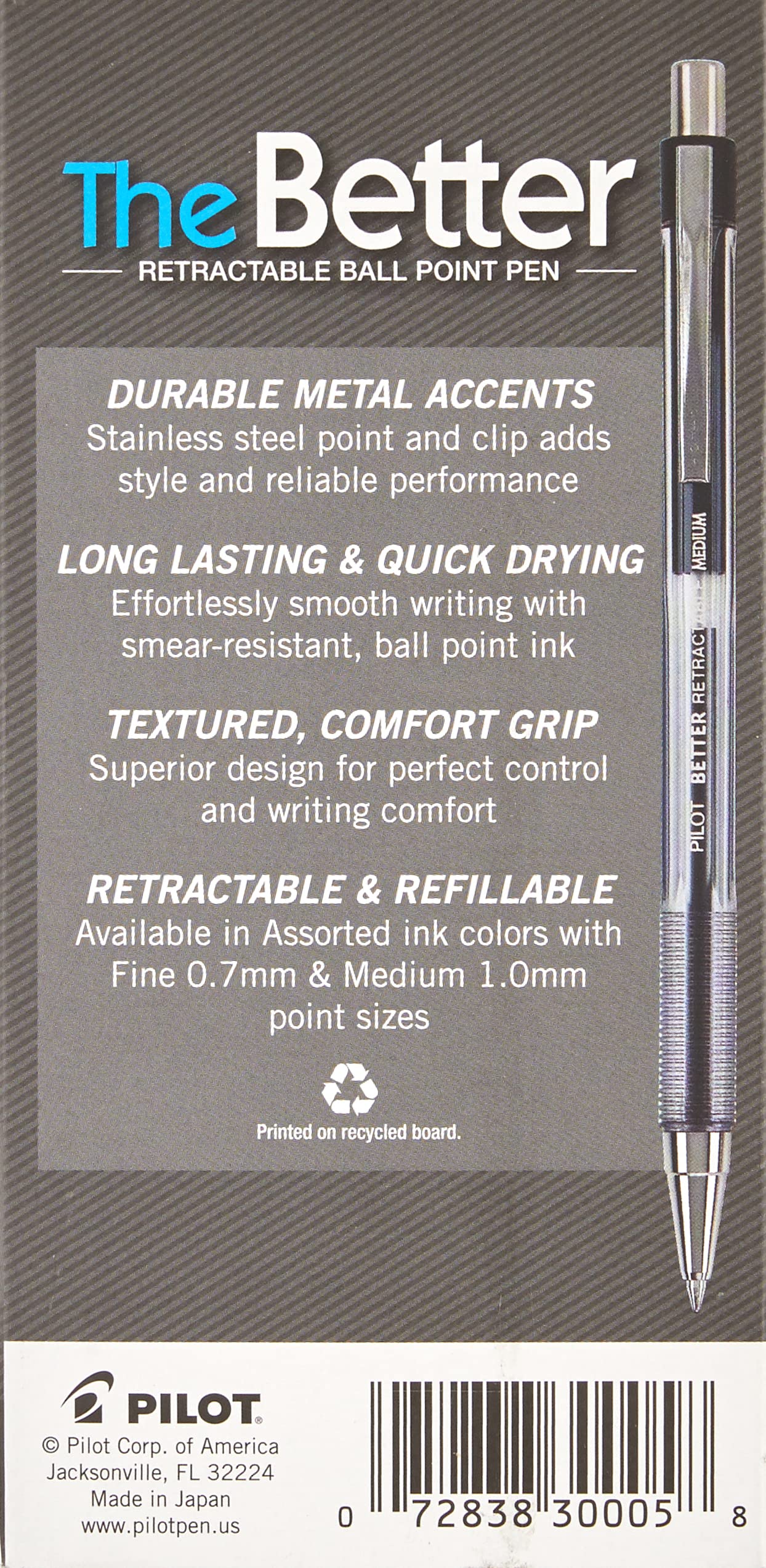 PILOT The Better Ball Point Pen Refillable & Retractable Ballpoint Pens, Medium Point, Black Ink, 12-Pack (30005)