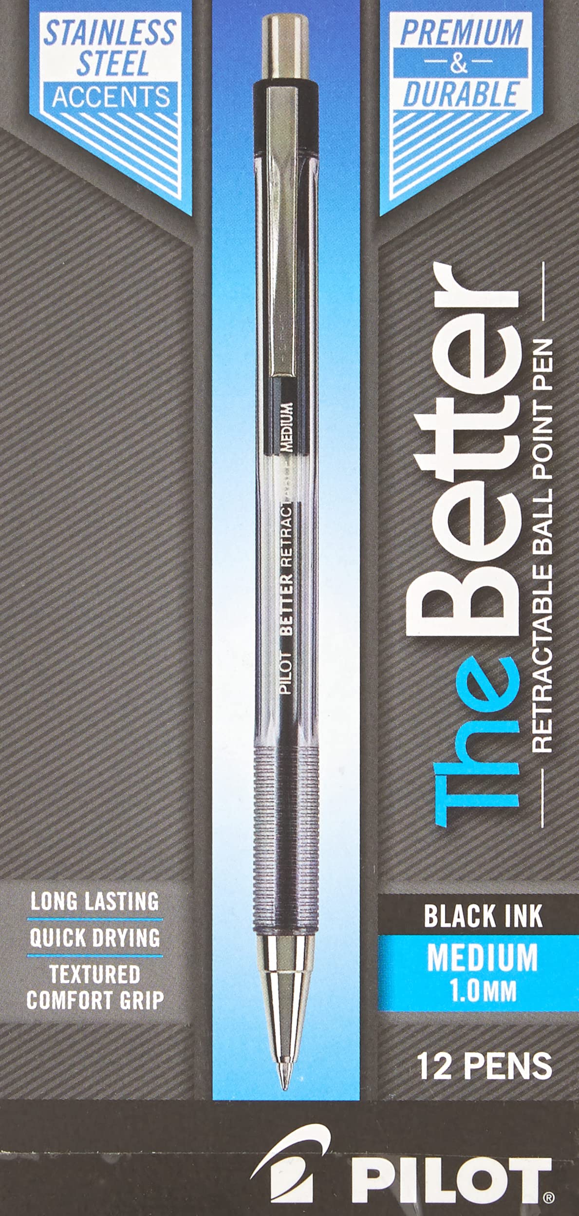 PILOT The Better Ball Point Pen Refillable & Retractable Ballpoint Pens, Medium Point, Black Ink, 12-Pack (30005)