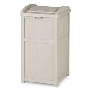 suncast 33 gallon hideaway trash can for patio - resin outdoor trash with lid - use in backyard, deck, or patio - taupe