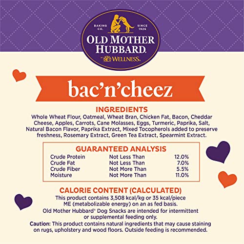 Old Mother Hubbard by Wellness Classic Bac'N'Cheez Natural Dog Treats, Crunchy Oven-Baked Biscuits, Ideal for Training, Small Size, 20 ounce bag