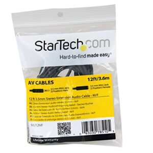 StarTech.com 12 ft. (3.7 m) 3.5mm Audio Extension Cable - PC Speaker Extension Audio Cable - Strain Relief - Black - Aux Cable (MU12MF)