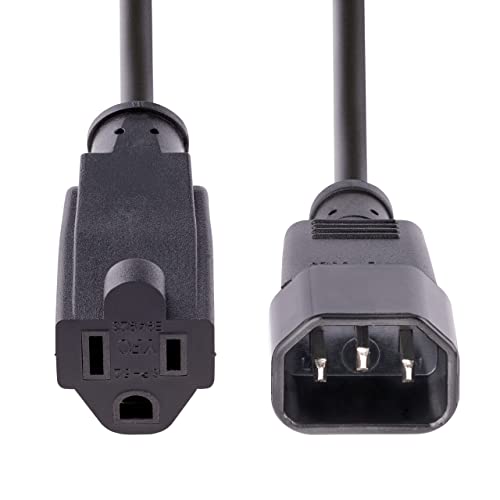 StarTech.com 1ft (0.3m) Power Extension Cord, IEC 320 C14 to NEMA 5-15R, 10A 125V, 18AWG, Black Computer Power Extension Cord, AC Outlet Extension Cable for Network Equipment, UL Listed (PAC100)