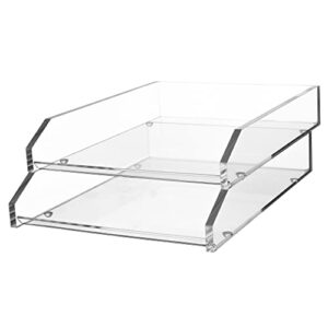 kantek clear acrylic double letter tray, 2 tier stackable desk organizer, front loading, 10.6" x 13.9" x 4.8", non-skid feet, office organizer, desk accessory