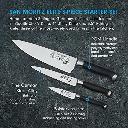 Messermeister San Moritz Starter Set - Includes 8" Stealth Chef's Knife, 6" Utility Knife & 3.5" Paring Knife - Rust Resistant & Easy to Maintain