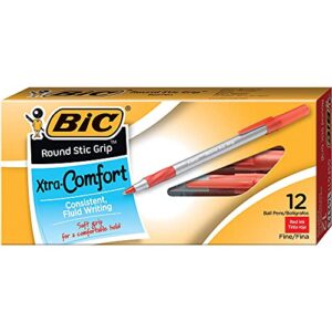 bic round stic grip xtra comfort ballpoint pen, fine point (0.8mm), red, 12-count