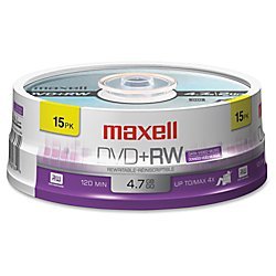 maxell dvd+rw rewritable disc, 4.7 gb, 4x, spindle, silver, 15/pack