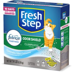 fresh step odor shield scented litter with the power of febreze, clumping cat litter, 14 pounds