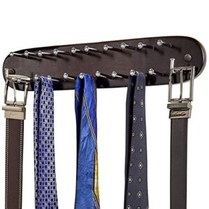 richards homewares 21 closet tie rack, belt scarf hanger-natural dark walnut wood with chrome hooks-multi accessory wall mounted holder for storage and organization