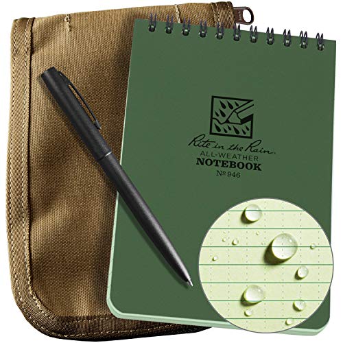 Rite In The Rain Weatherproof 4" x 6" Top Spiral Notebook Kit: Tan CORDURA Fabric Cover, 4" x 6" Green Notebook, and an Weatherproof Pen (No. 946-KIT)