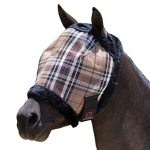 kensington fly mask with fleece trim for horses — protects face and eyes from flies and uv rays while allowing full visibility — breathable and non heat transferring makes it perfect year round, large, deluxe black plaid